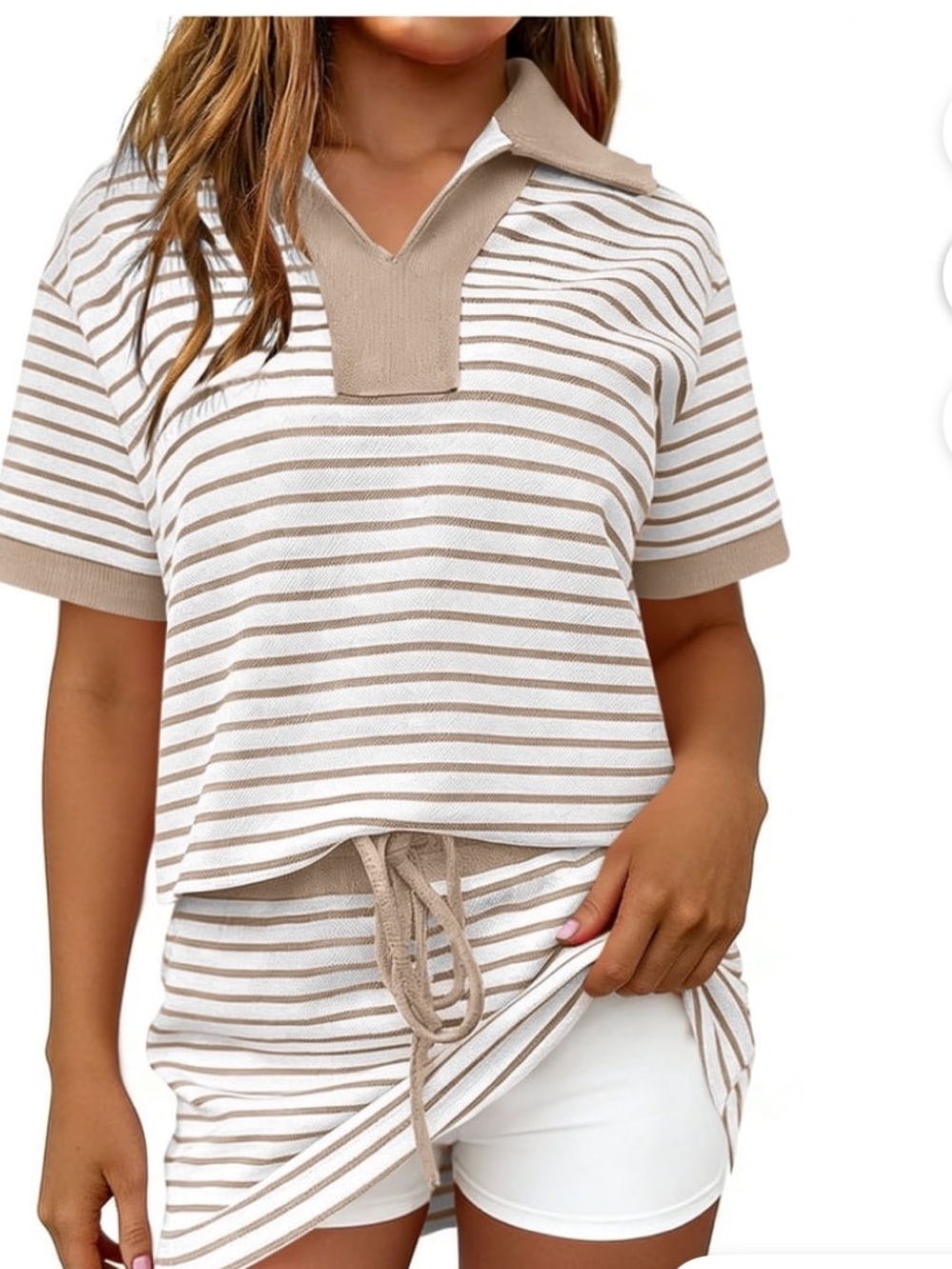 Beige & White Striped Knit Polo Shorts Set - Women